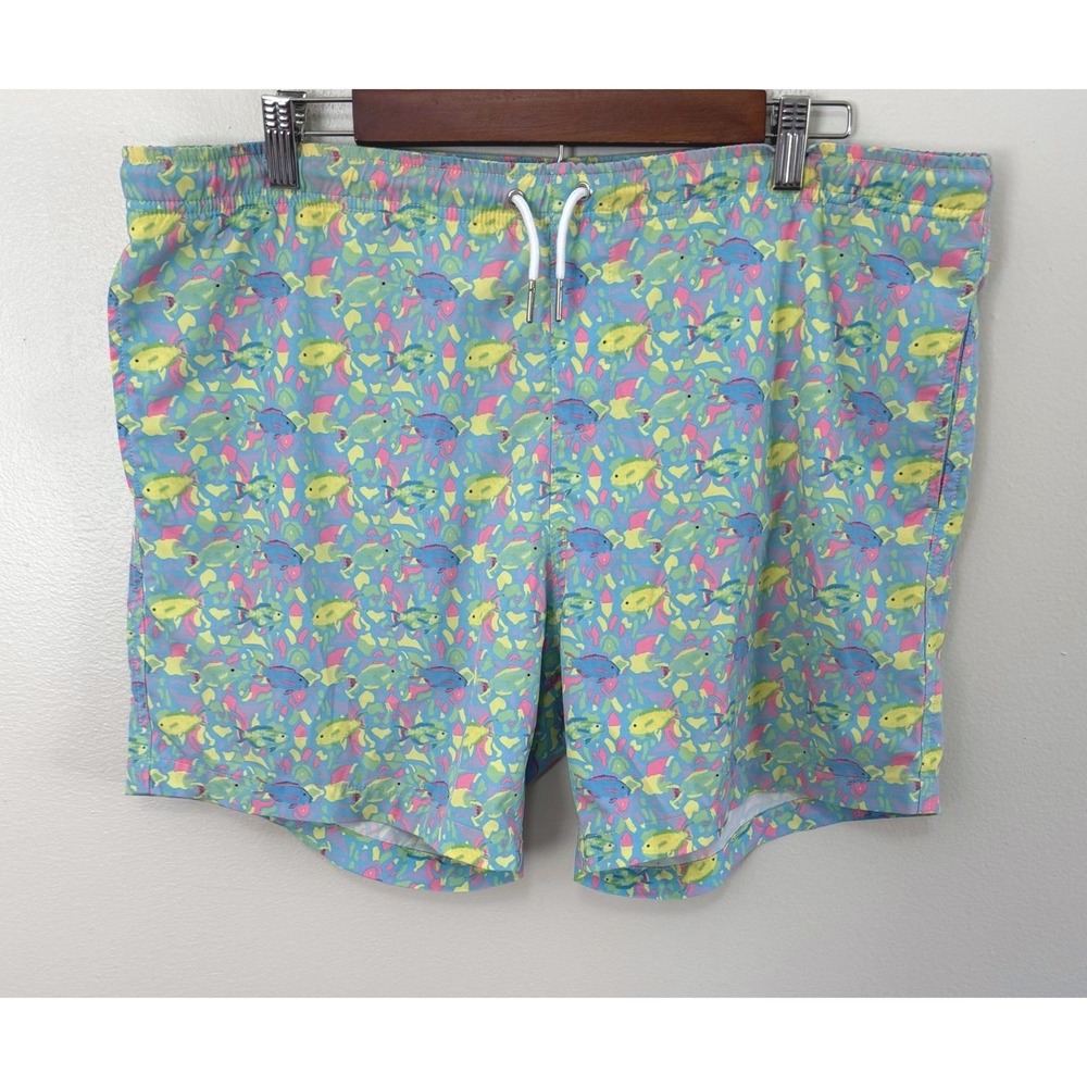 Bermies Men's Tropical Fish Print Swim Trunks Blue Yellow Pink Size Large